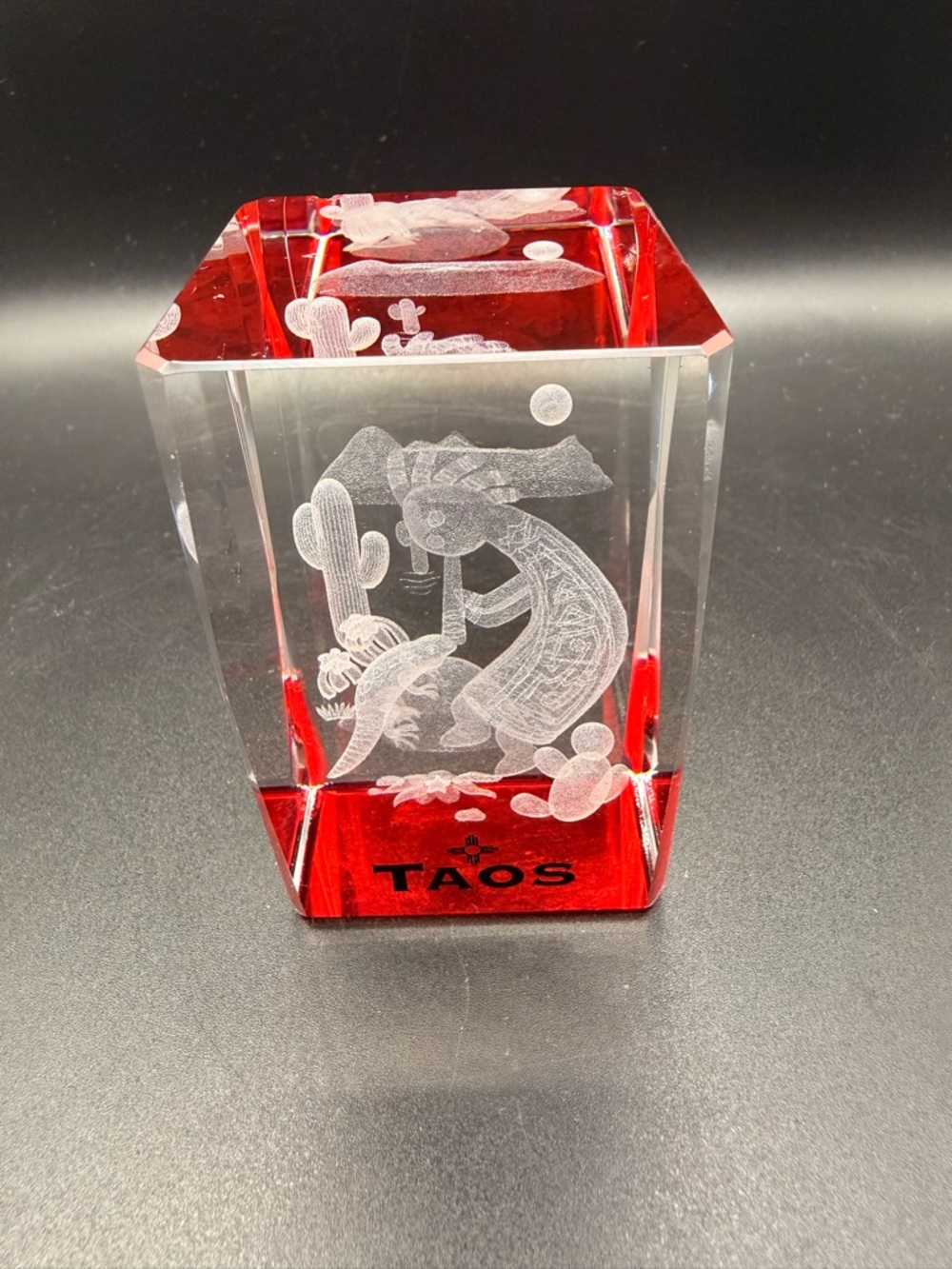 Taos Red and Clear Etched Kokopelli Glass Accent Paperweight 3D